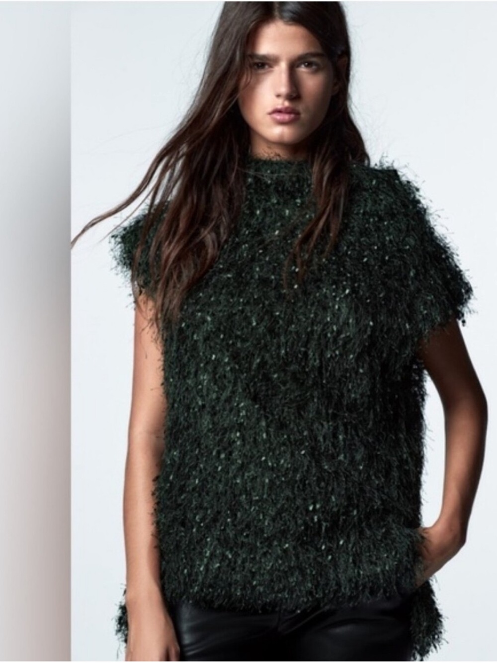 Zara Dark Green Fuzzy Knit Sleeveless Top